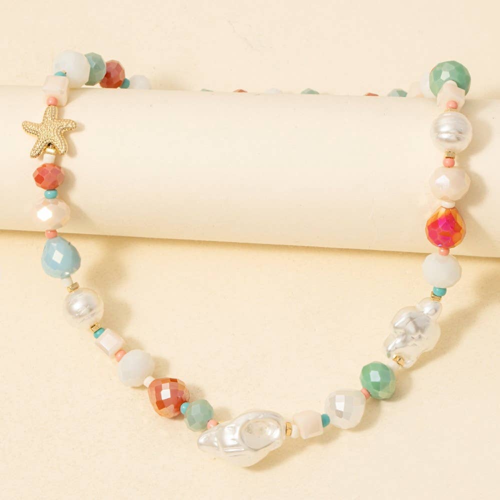 Pearl And Starfish Mixed Beaded Necklace - Gold