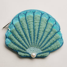 Seashell Beaded Coin Purse with Pearl Accent - Light Blue