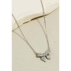 Pave Bow Ribbon Charm Necklace - Silver