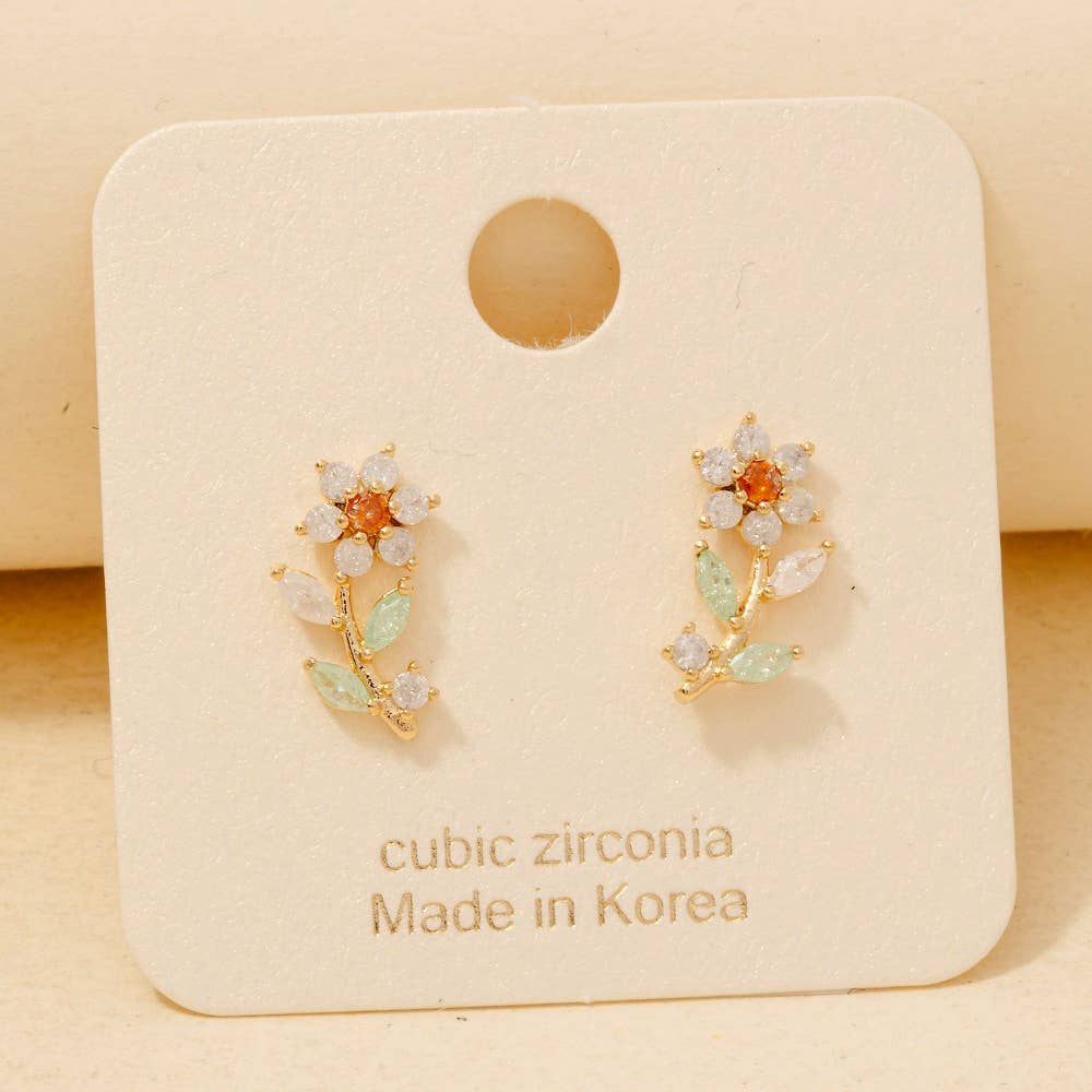 Gold Dipped Cz Flower Stud Earrings - Gold