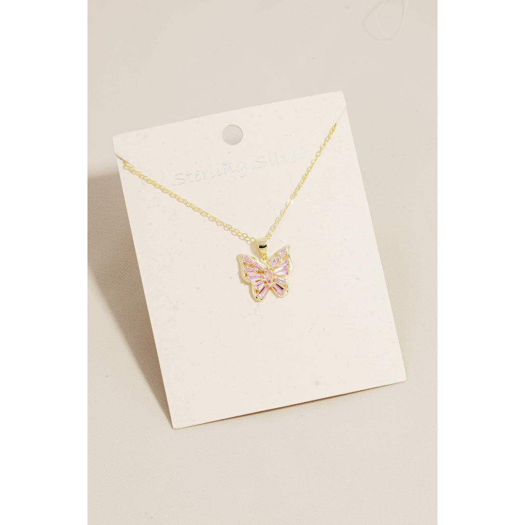 Sterling Silver Pink Cz Butterfly Pendant Necklace - Gold