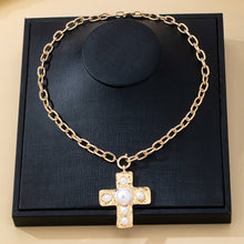 Hammered Cross Pearl Necklace