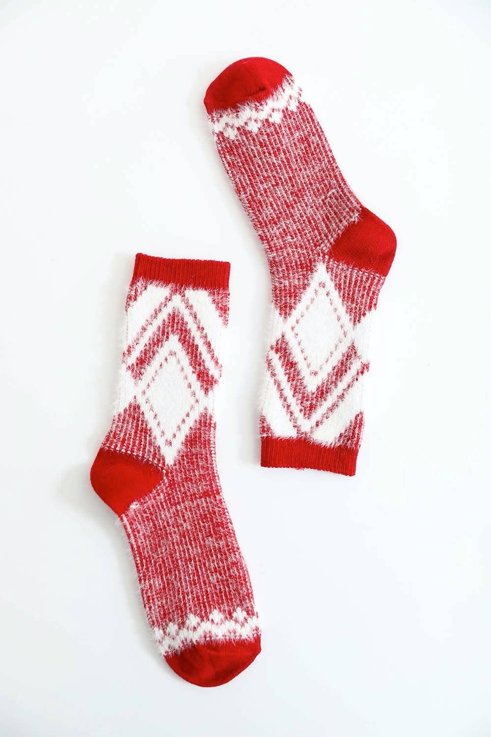 Faux Mohair Diamond Pattern Socks - Red