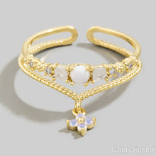 Gold Dipped Cz Double Band Flower Charm Ring - Gold
