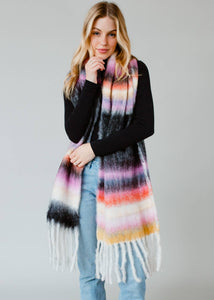 Black & Multicolored Striped Scarf with Fringe