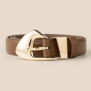 Fashion Warped Buckle Leather Belt - Gold/Brown