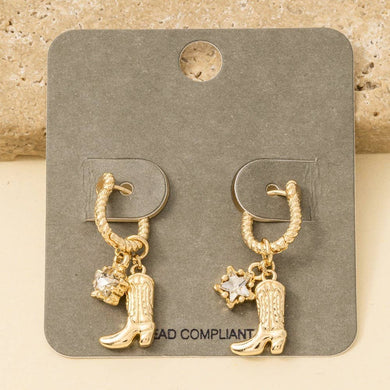 Western Cowboy Boot Charm Hoop Earrings - Gold