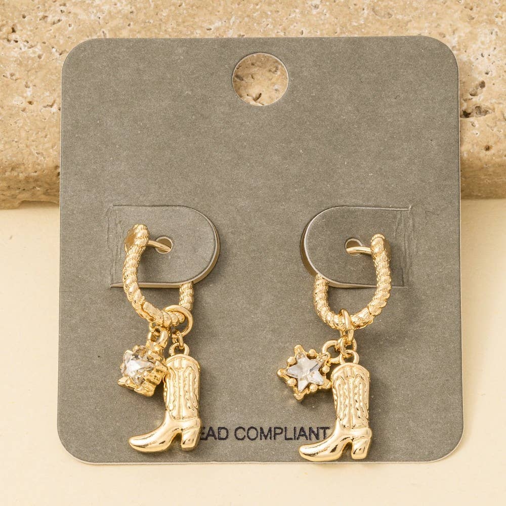 Western Cowboy Boot Charm Hoop Earrings - Gold