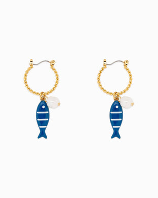 Sea Life Marine Blue Fish Earrings - Gold