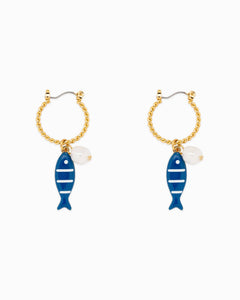 Sea Life Marine Blue Fish Earrings - Gold