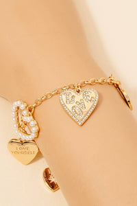 Assorted Multi Heart Charm Chain Bracelet - Gold/White