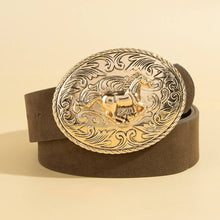 Western Large Engraved Horse Buckle Belt - Silver and Black