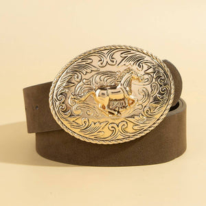 Western Large Engraved Horse Buckle Belt - Silver and Black