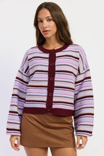 BUTTON UP ROUND NECK CARDIGAN: PURPLE BURGUNDY MULTI