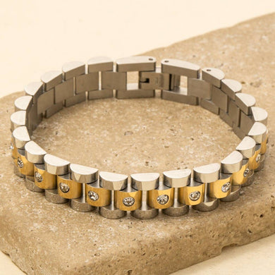 Stainless Steel Studded Watch Chain Bracelet - Silver and Gold