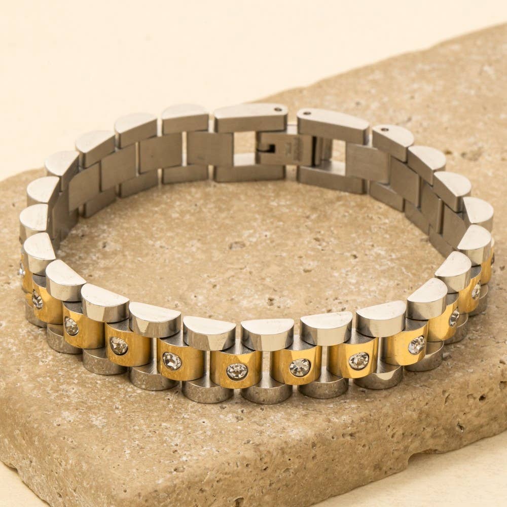 Stainless Steel Studded Watch Chain Bracelet - Silver and Gold