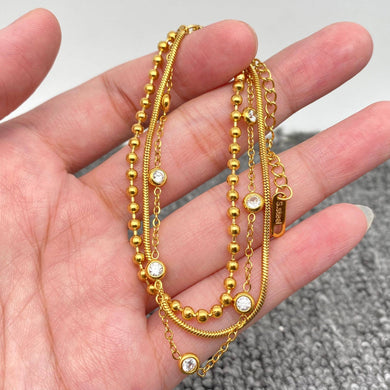 Inlaid CZ 3-layer 18K Gold-plated Steel Chain Bracelet