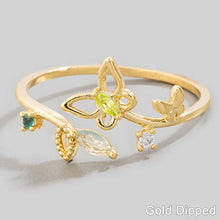 Gold Dipped Cz Leaf And Butterfly Open Ring - Gold
