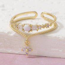 Gold Dipped Cz Double Band Flower Charm Ring - Gold