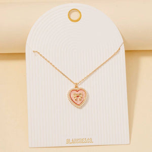 Pearl Set Heart Ribbon Bow Pendant Necklace - White