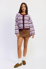 BUTTON UP ROUND NECK CARDIGAN: PURPLE BURGUNDY MULTI