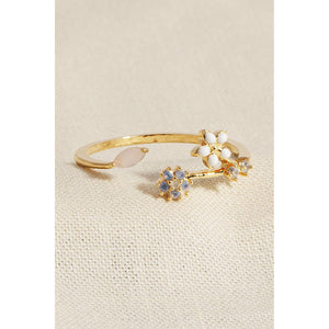 Flower Studded Open Ring - Silver