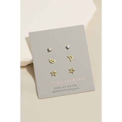 Star Moon Stud Earring Set - Gold