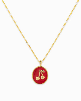 Gold Cherry Oval Colored Stamp Fruit Pendant Necklace