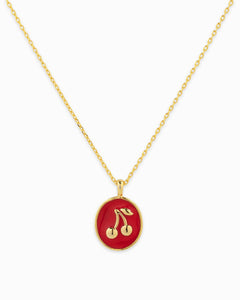 Gold Cherry Oval Colored Stamp Fruit Pendant Necklace