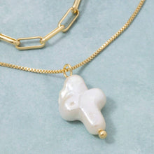 Gold Dipped Pearl Cross Pendant Layered Chain Necklace