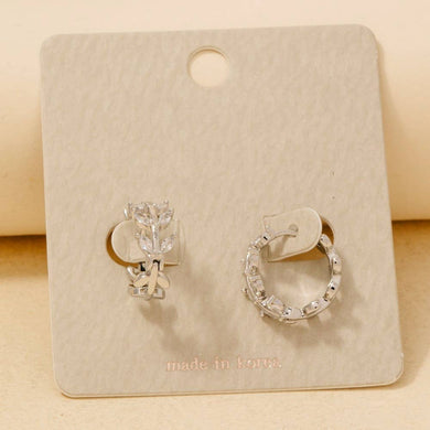 Rhinestone Oval Leaf Branch Hinge Hoop Earrings - Silver