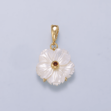 16K Gold Filled 20mm Birthstone CZ Mother of Pearl Flower Snap Drop Pendant | Charms-00965 ~ Charms-00976: April - Diamond