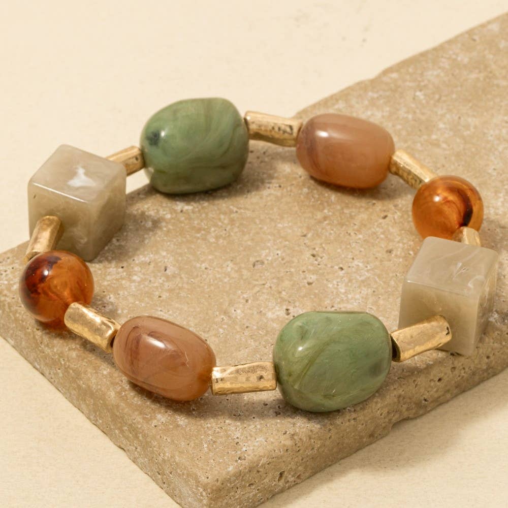 Acrylic Stones And Metallic Tube Beaded Bracelet - Olive