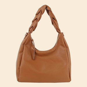 Braided Handle Faux Leather Hobo Hand Bag - Brown