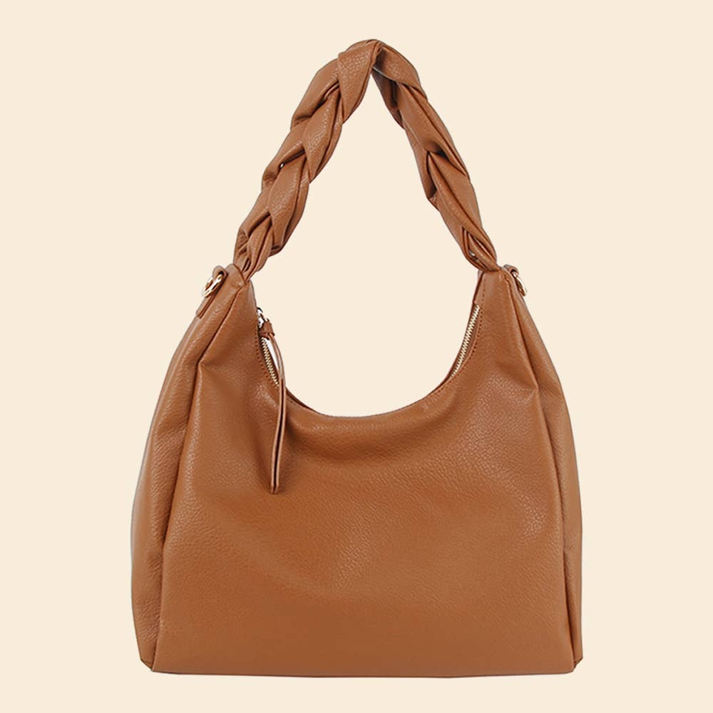 Braided Handle Faux Leather Hobo Hand Bag - Brown