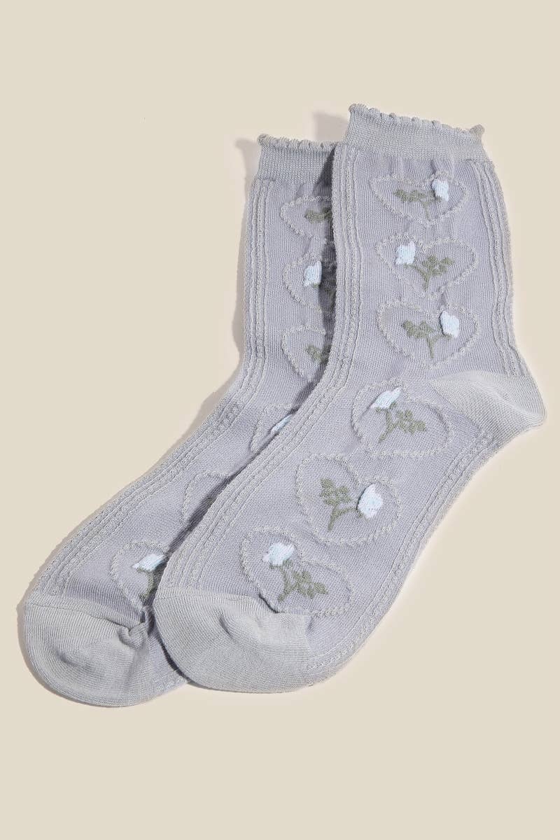 Gray Heart Flower Embroidered Socks: GRAY