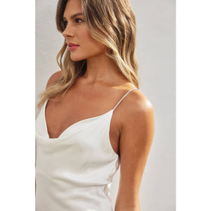 FINAL SALE Rhinestone Strap Cowl Neck Mini Dress - White Pearl