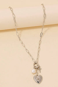Pearl Cross And North Star Heart Charms Chain Necklace - Gold