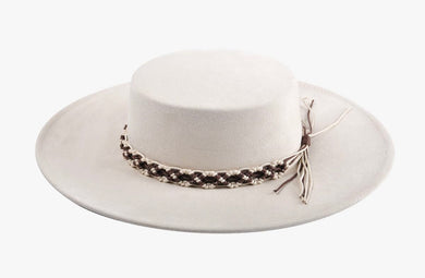 Jazzlyn Faux Suede Hat with Macrame Band - Beige