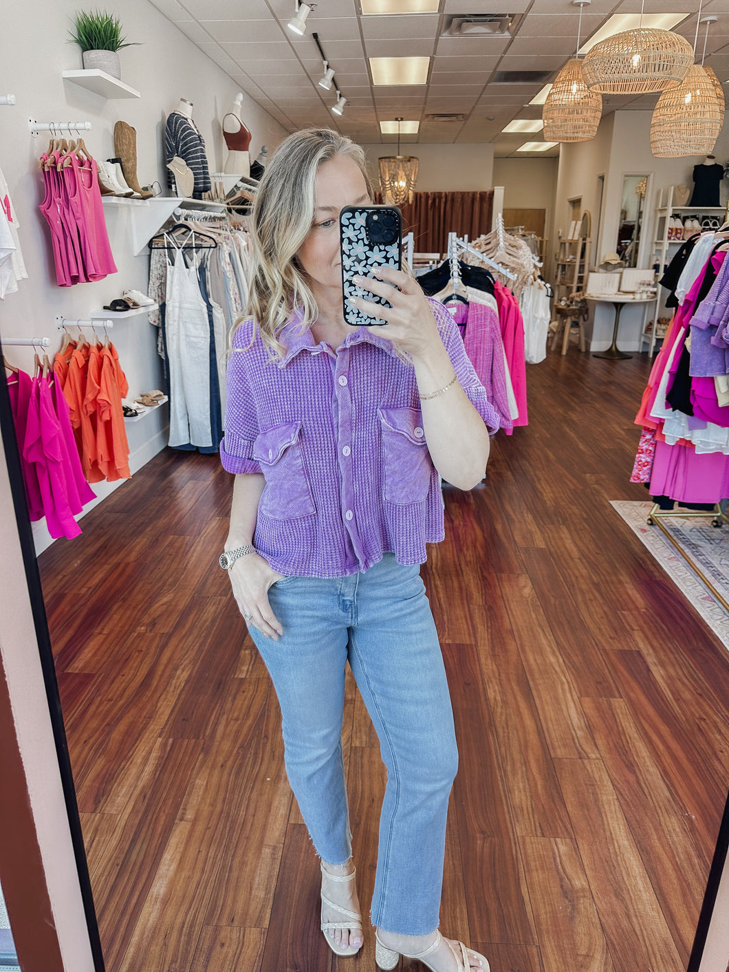 FINAL SALE Washed Waffle Knit Cropped Button Down Shirt - Lavender