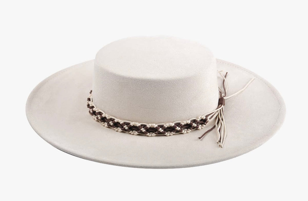 Jazzlyn Faux Suede Hat with Macrame Band - Beige