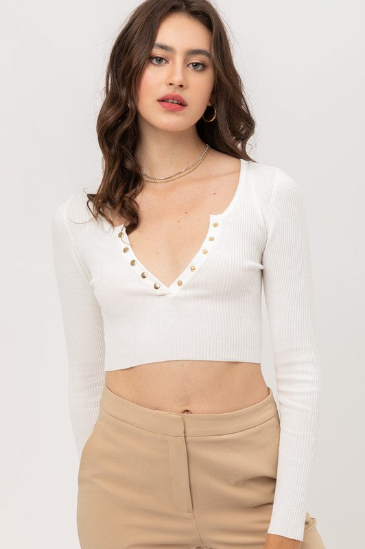 Fiona Ribbed Crop Snap Button Top - White