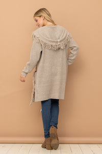 Sit by the Fire Hooded Fringe Knit Open Cardigan - Oatmeal